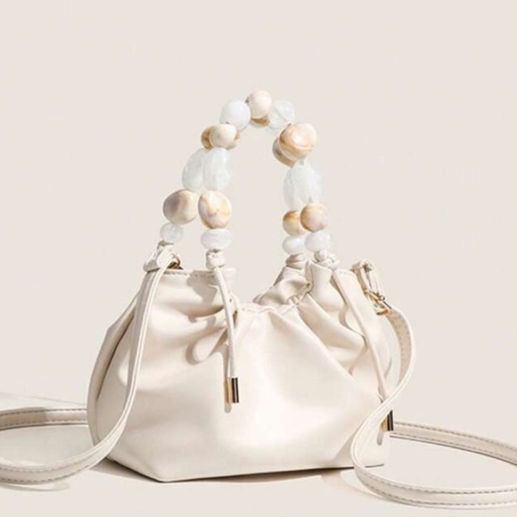 Super Chic leather bucket bag with beaded top handles + crossbody strap | NWT - Picture 2 of 6